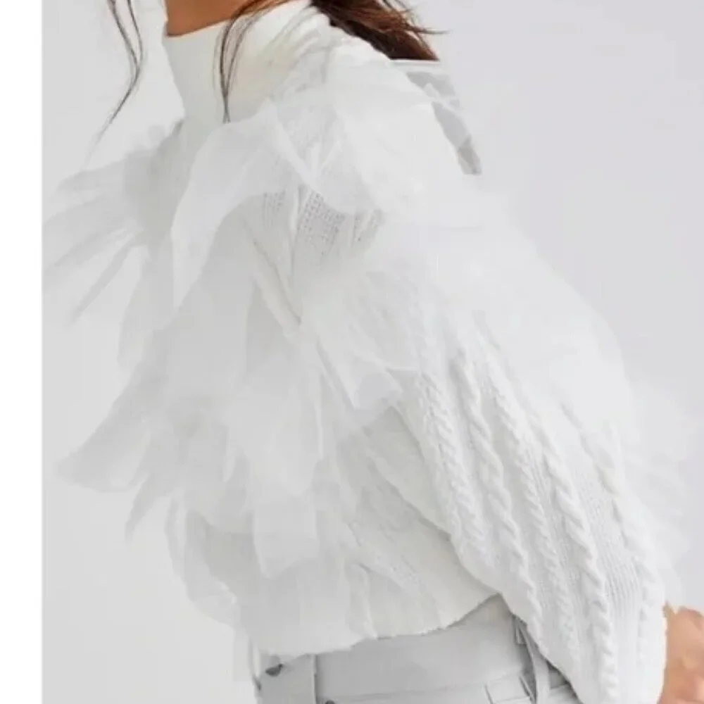 Free People Showstopper Ruffled Tulle Cable Sweater in White Size Small